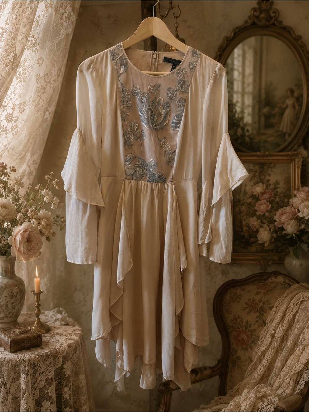 BCBGMAXAZRIA Silk Blush Embroidered Mesh Handkerchief Hem Dress XS Romantic
